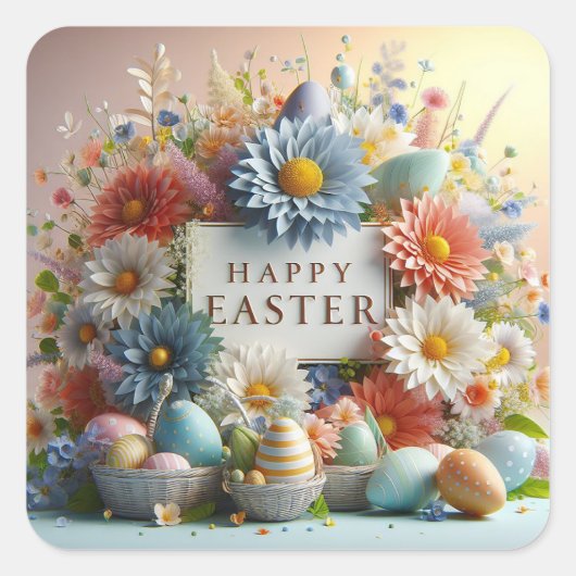 Bloemen en eieren Pasen Vierkante Sticker (Voorkant)