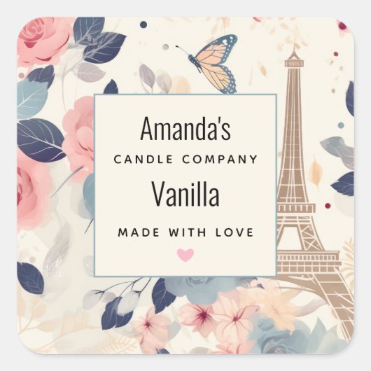 Bloemen en Eiffeltoren Parijs Kaars Bedrijf Vierkante Sticker (Voorkant)