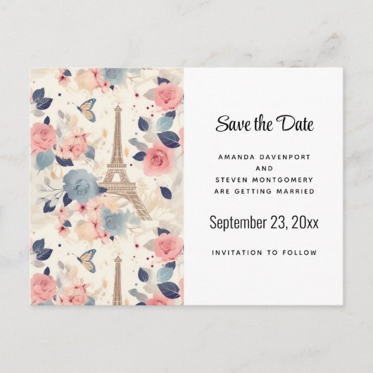 Bloemen en Eiffeltoren Parijs Patroon Aankondigingskaart (Voorkant)