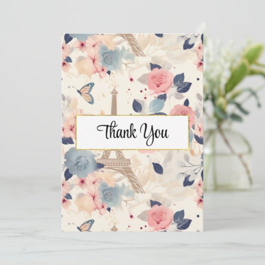 Bloemen en Eiffeltoren Parijs Patroon Bedankkaart (Staand voorkant)