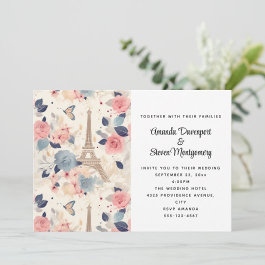 Bloemen en Eiffeltoren Parijs Patroon Bruiloft Kaart (Staand voorkant)