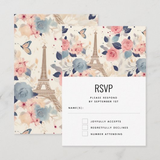 Bloemen en Eiffeltoren Parijs Patroon Bruiloft RSVP Kaartje (Voorkant / Achterkant)