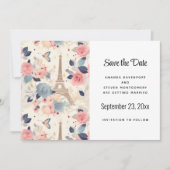 Bloemen en Eiffeltoren Parijs Patroon Bruiloft Save The Date (Voorkant)