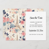 Bloemen en Eiffeltoren Parijs Patroon Bruiloft Save The Date (Voorkant / Achterkant)