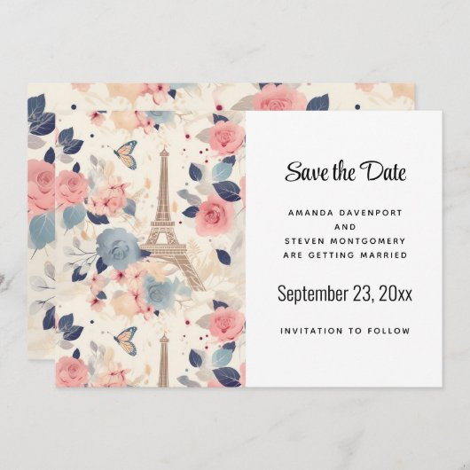Bloemen en Eiffeltoren Parijs Patroon Bruiloft Save The Date (Voorkant / Achterkant)
