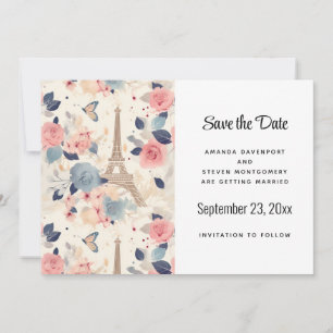 Bloemen en Eiffeltoren Parijs Patroon Bruiloft Save The Date