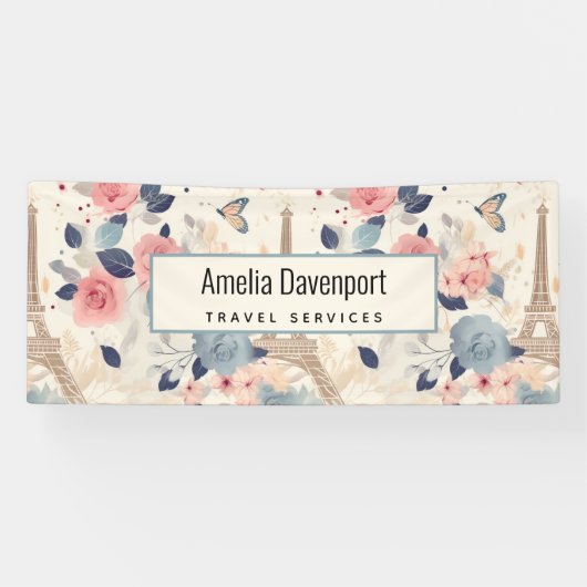 Bloemen en Eiffeltoren Parijs Patroon Business Spandoek (Horizontaal)