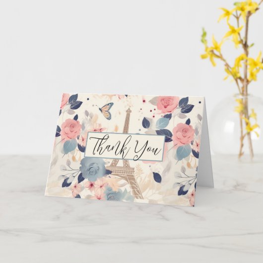 Bloemen en Eiffeltoren Parijs Patroon Dank u Kaart (Gele Bloem)