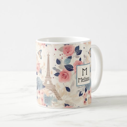 Bloemen en Eiffeltoren Parijs Patroon Monogram Koffiemok (Voorkant rechts)