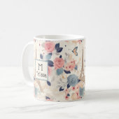 Bloemen en Eiffeltoren Parijs Patroon Monogram Koffiemok (Voorkant links)