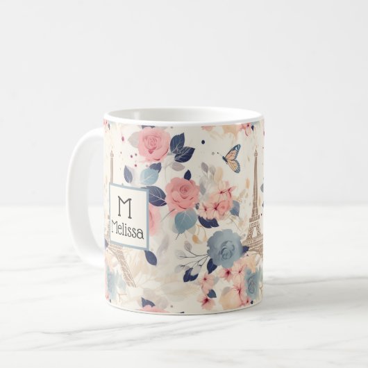 Bloemen en Eiffeltoren Parijs Patroon Monogram Koffiemok (Voorkant links)