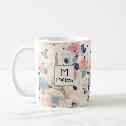 Bloemen en Eiffeltoren Parijs Patroon Monogram Koffiemok (Links)