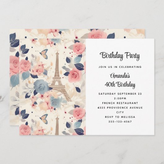 Bloemen en Eiffeltoren Parijs Patroon Verjaardag Kaart (Voorkant / Achterkant)