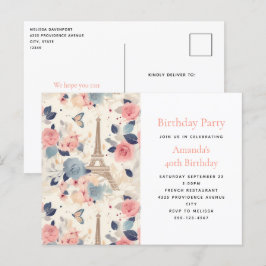 Bloemen en Eiffeltoren Parijs Patroon Verjaardag Uitnodiging Briefkaart