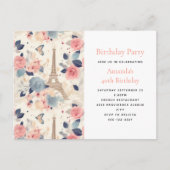 Bloemen en Eiffeltoren Parijs Patroon Verjaardag Uitnodiging Briefkaart (Voorkant)