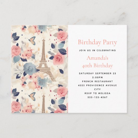 Bloemen en Eiffeltoren Parijs Patroon Verjaardag Uitnodiging Briefkaart (Voorkant)