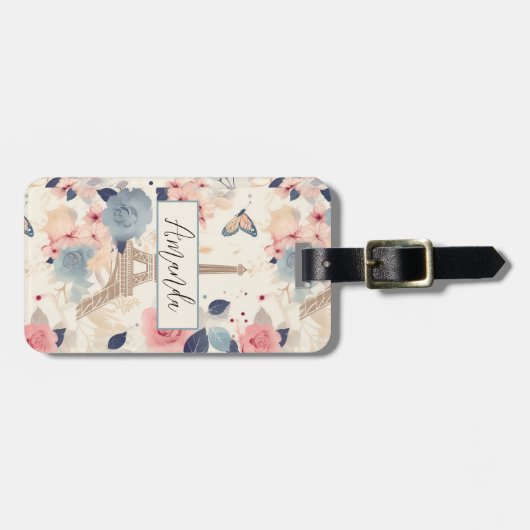 Bloemen en Eiffeltoren Parijs Reispatroon Bagagelabel (Voorkant horizontaal)