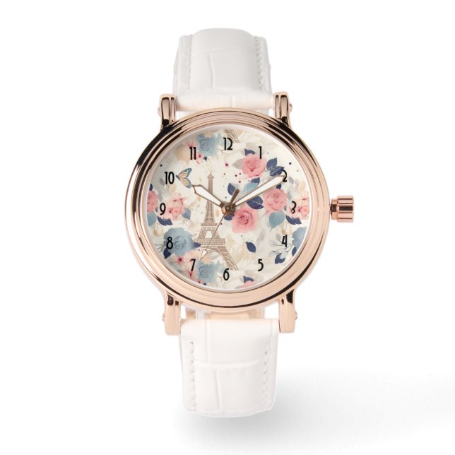 Bloemen en Eiffeltoren Parijs Reispatroon Horloge (Voorkant)