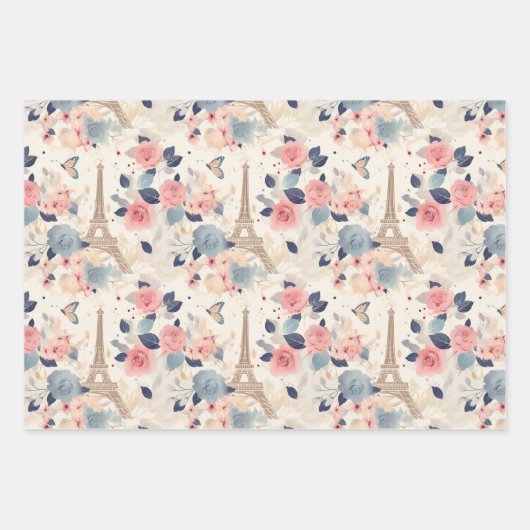 Bloemen en Eiffeltoren Parijs Reispatroon Inpakpapier Vel (Voorkant)