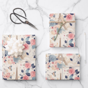 Bloemen en Eiffeltoren Parijs Reispatroon Inpakpapier Vel