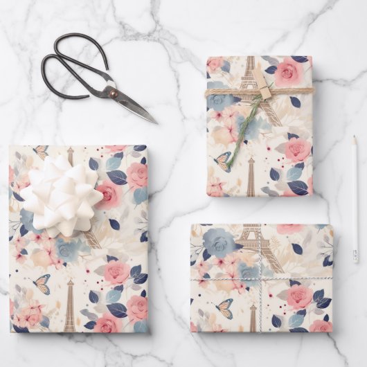 Bloemen en Eiffeltoren Parijs Reispatroon Inpakpapier Vel (Voorkant)