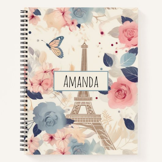 Bloemen en Eiffeltoren Parijs Reispatroon Notitieboek (Voorkant)