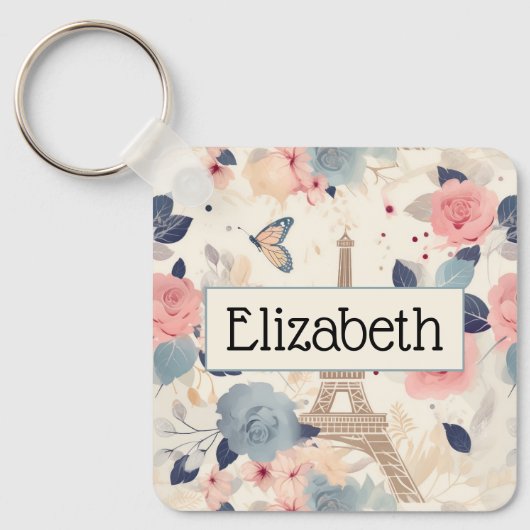Bloemen en Eiffeltoren Parijs Reispatroon Sleutelhanger (Voorkant)