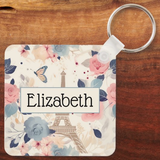Bloemen en Eiffeltoren Parijs Reispatroon Sleutelhanger (Achterkant)