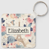 Bloemen en Eiffeltoren Parijs Reispatroon Sleutelhanger (Achterkant)