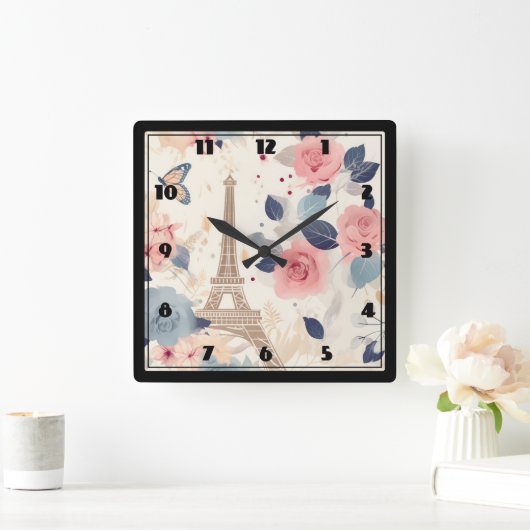 Bloemen en Eiffeltoren Parijs Reispatroon Vierkante Klok (Huis)