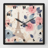 Bloemen en Eiffeltoren Parijs Reispatroon Vierkante Klok (Voorkant)