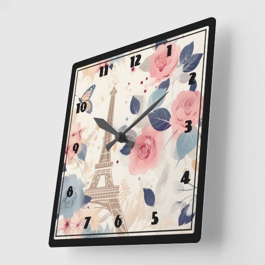 Bloemen en Eiffeltoren Parijs Reispatroon Vierkante Klok (Hoek)