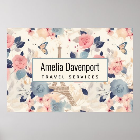 Bloemen en Eiffeltoren Reispatroon Business Poster (Voorkant)