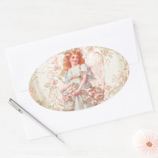 Bloemen en Engel  Collage Ovale Sticker (Envelop)
