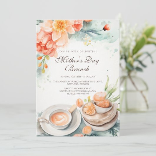 Bloemen en eten Moederdag Brunch Uitnodiging (Staand voorkant)