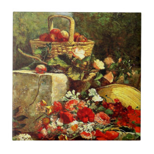 Bloemen en fruit in een tuin, Eugene Boudin-kunst Tegeltje
