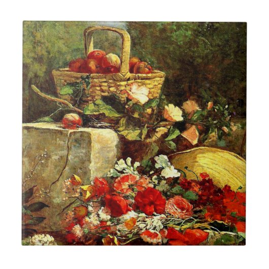 Bloemen en fruit in een tuin, Eugene Boudin-kunst Tegeltje (Voorkant)