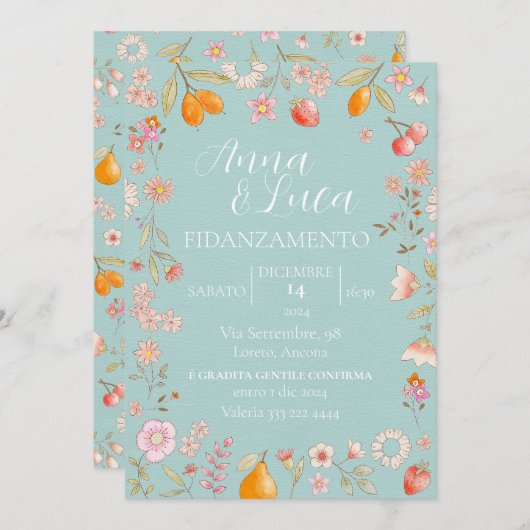 Bloemen en fruit turquoise kaart (Voorkant / Achterkant)