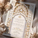 Bloemen en Geometrisch Goud Moslim & Islamitische  Kaart<br><div class="desc">Deze prachtig vervaardigde bruiloft uitnodiging combineert traditionele islamitische kunst met een moderne esthetiek, perfect voor het paar op zoek naar een mix van klassieke elegantie en hedendaags design. De uitnodiging heeft een prachtig voor- en achterontwerp, beide versierd met ingewikkelde bloemenpatronen en geometrische vormen. De voorkant toont een wit-gouden kleurenpalet met...</div>