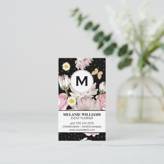 Bloemen en Glitter Vlinders | Goud Gespetterd Visitekaartje (Staand voorkant)