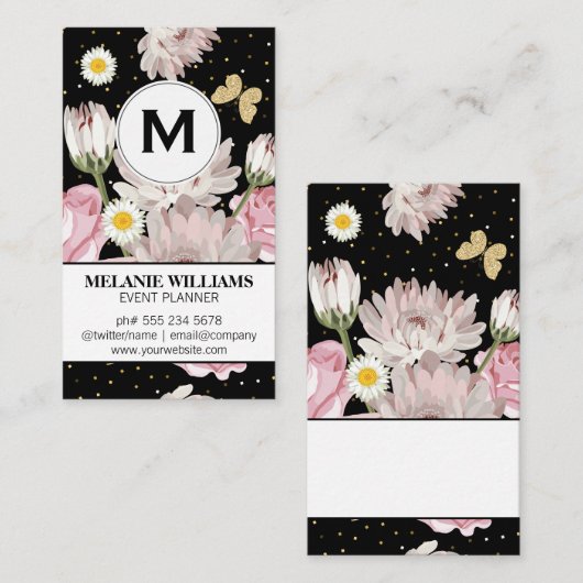Bloemen en Glitter Vlinders | Goud Gespetterd Visitekaartje (Voorkant / Achterkant)