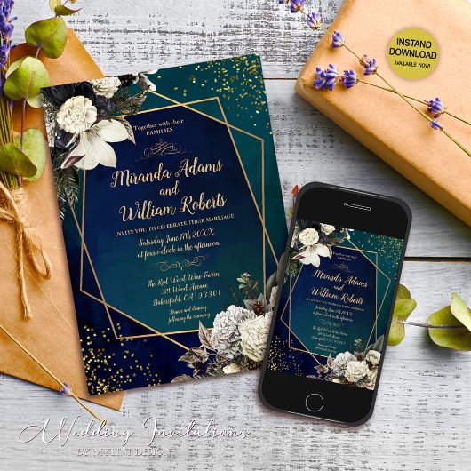 Bloemen en goud Emerald Green bruiloft Kaart