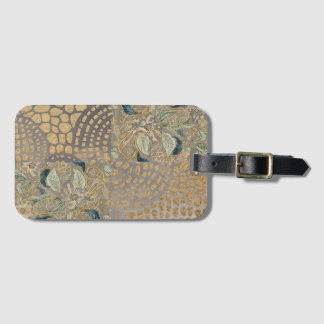 Bloemen en gouden giraffenhuid, grijze achtergrond bagagelabel