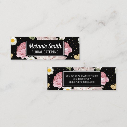 Bloemen en gouden speckles mini visitekaartje (Voorkant / Achterkant)