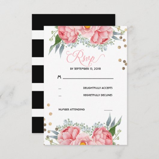 Bloemen en gouden Stippen bruiloft RSVP Kaart (Voorkant / Achterkant)