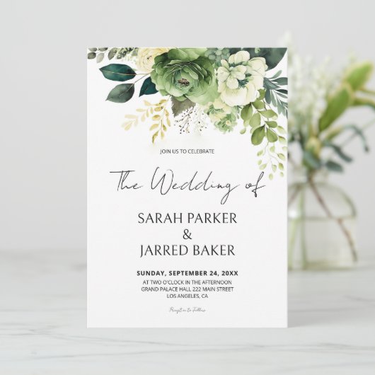 Bloemen en groen bruiloft kaart (Staand voorkant)