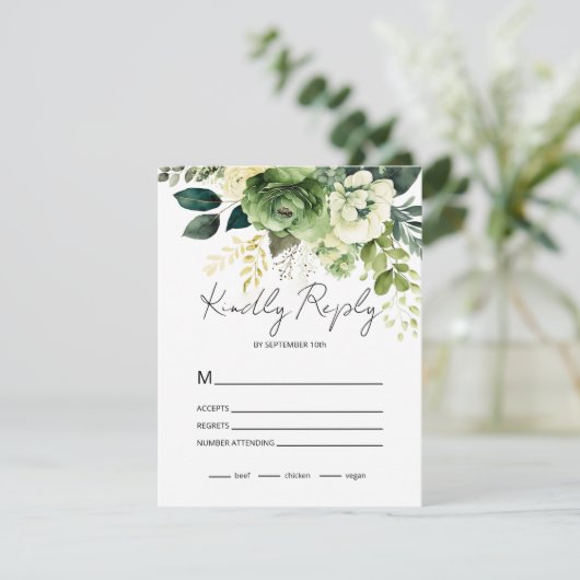 Bloemen en groen RSVP kaartje (Staand voorkant)