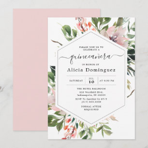 Bloemen en groen Waterverf Quinceañera Kaart