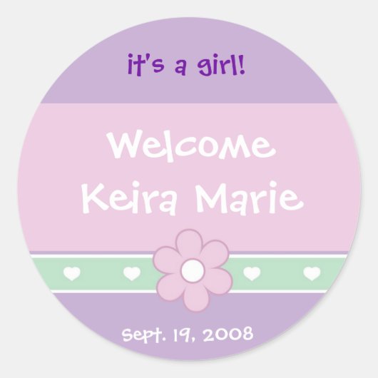 Bloemen en harten "Het is een meisje" aankondiging Ronde Sticker (Voorkant)