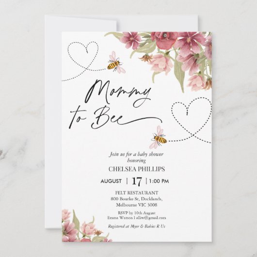Bloemen en harten Mama to Bee Baby shower Kaart (Voorkant)
